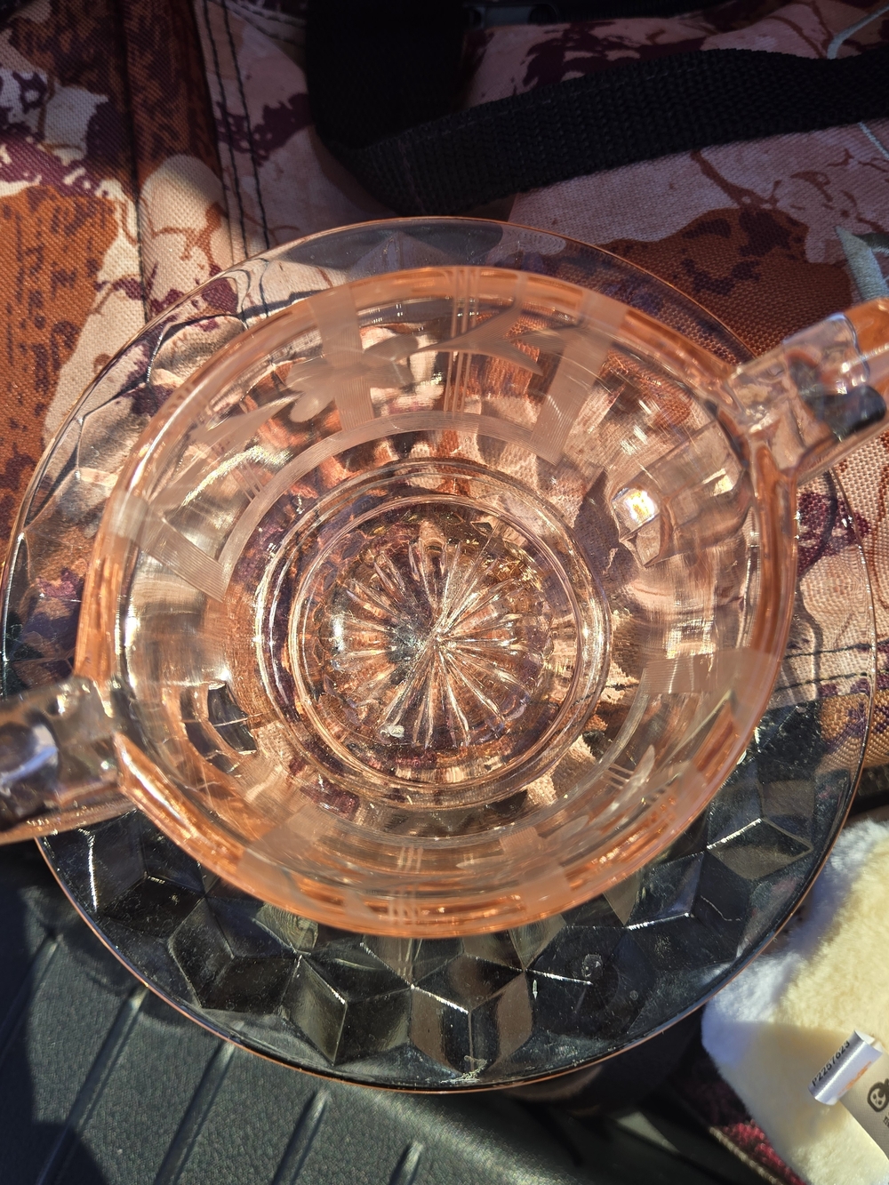 Vintage Pink Etched Glass Creamer and Saucer Set - Picture 3 of 7